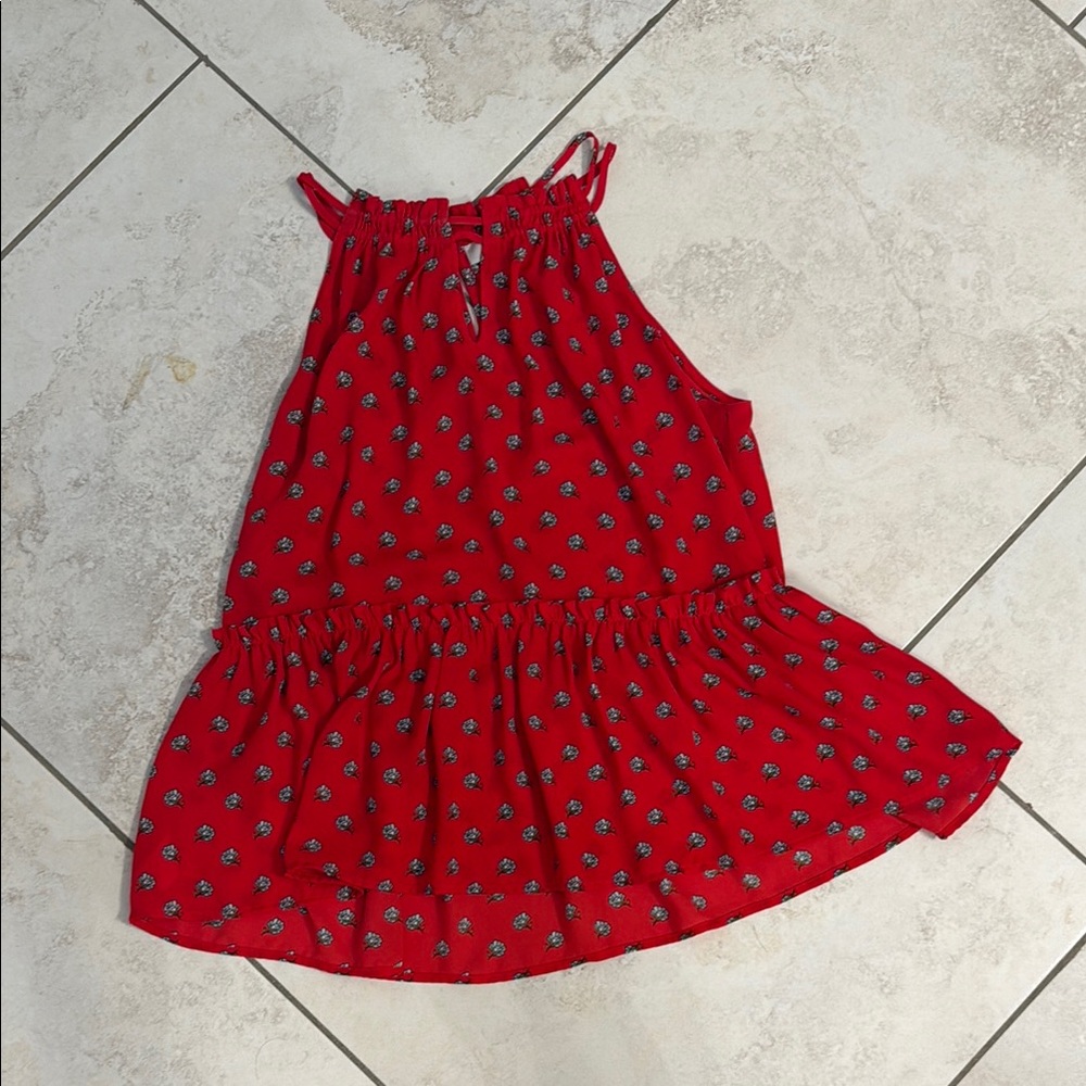 LOFT Red Blouse with Halter Neckline and Ruffled Hem